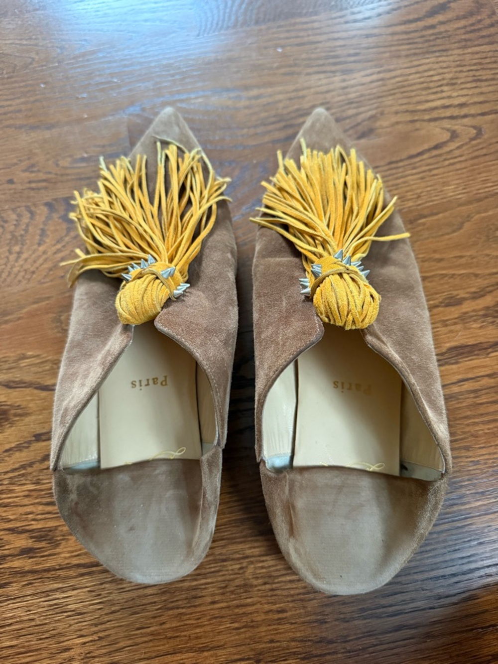 Christian Louboutin Brown Suede Pointed Tassel Flats with Mustard Accents - Picture 2 of 3